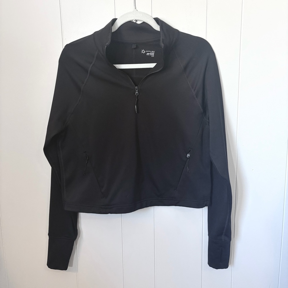 Aerie Offline Pullover Sweatshirt Cropped Black 1/4 Zip Yoga Athleisure Small